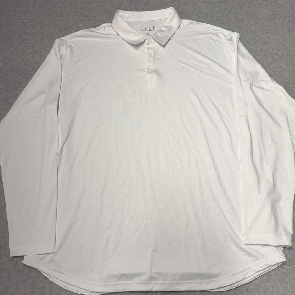 BYLT Premium Basics Polo Shirt Mens 2XL White Long Sleeve Polyester Spandex